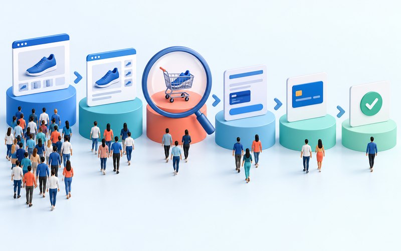 نمایش مرحلههای مسیر خرید فروشگاه اینترنتی مراحل قیف فروش اینترنتی از مشاهده محصول تا سبد، پرداخت و تأیید سفارش