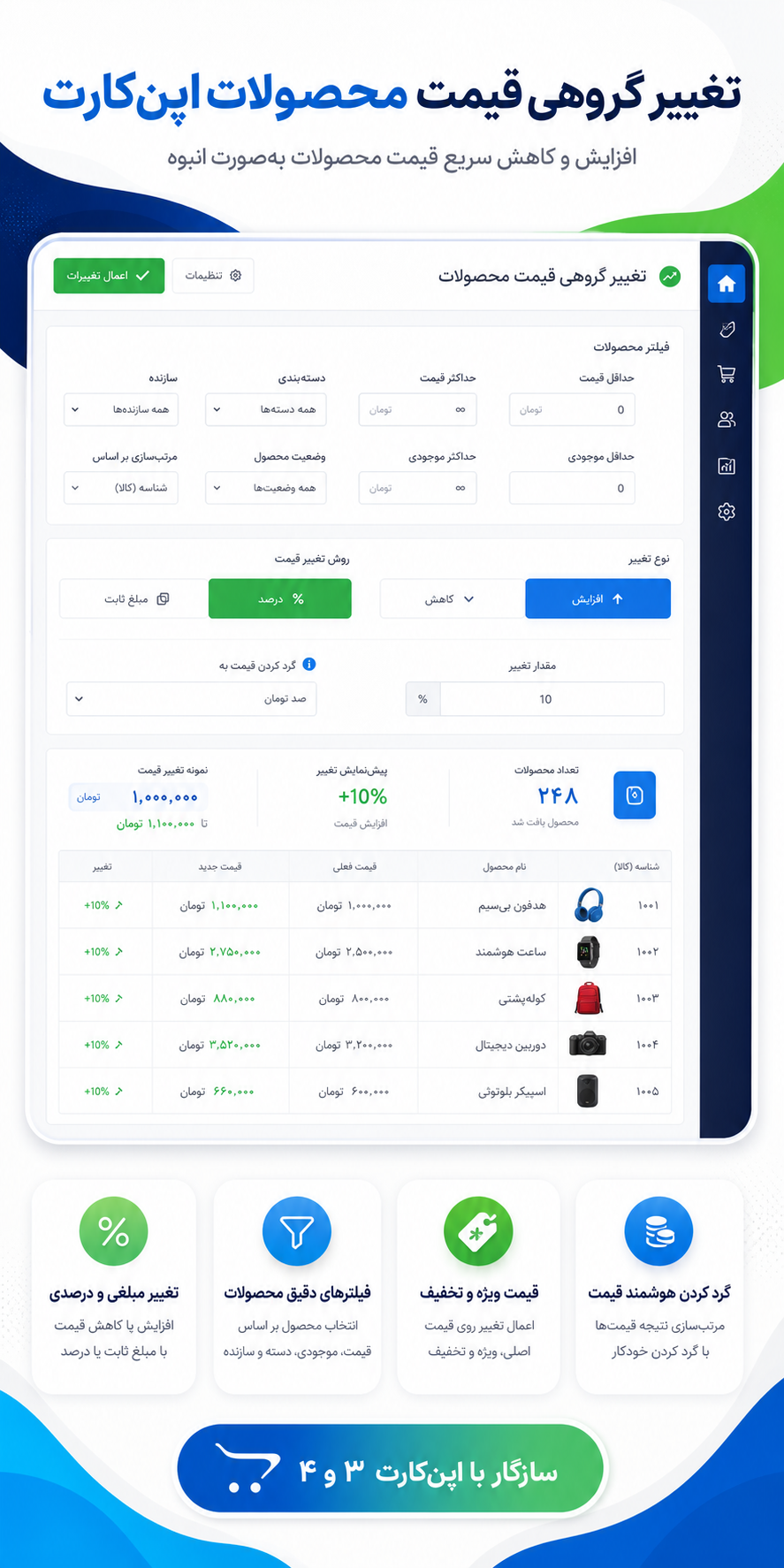 اینفوگرافیک ماژول تغییر گروهی قیمت محصولات اپن‌کارت؛ تغییر مبلغی و درصدی، فیلتر محصولات، قیمت ویژه و گرد کردن قیمت